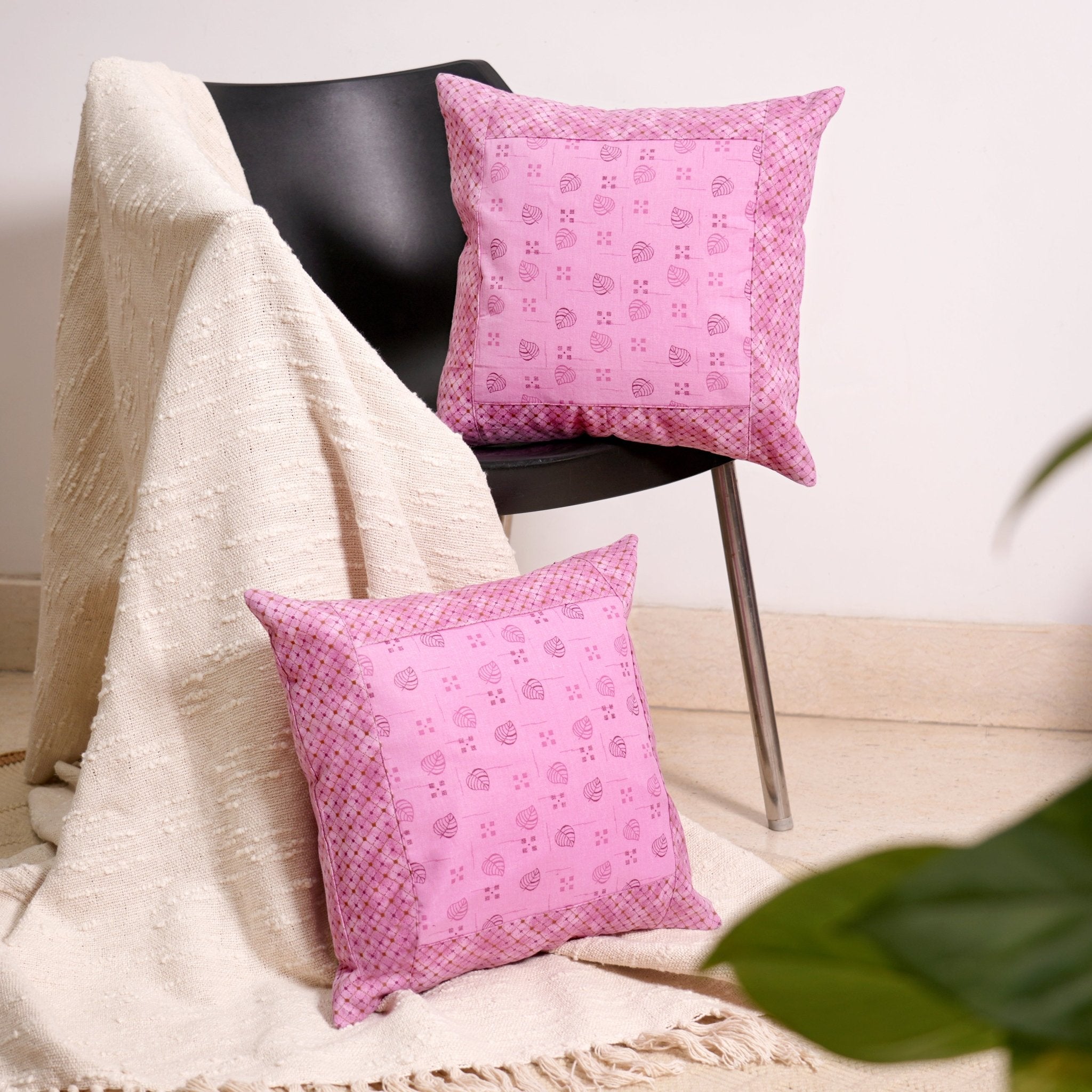 Leafy Grid Orchid Cushion Covers, pack of 5, 16" x 16" - Coral Slub -
